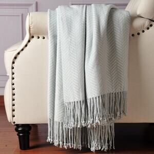 CUDDLE DREAMS Silk Throw Blanket w/ Hand-Knotted Fringe, Herringbone Blue - NEW